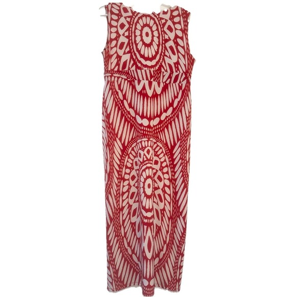 Chico’s Large 12/14 Red White Abstract Print Maxi Dress Sleeveless Empire Waist - Picture 2 of 5